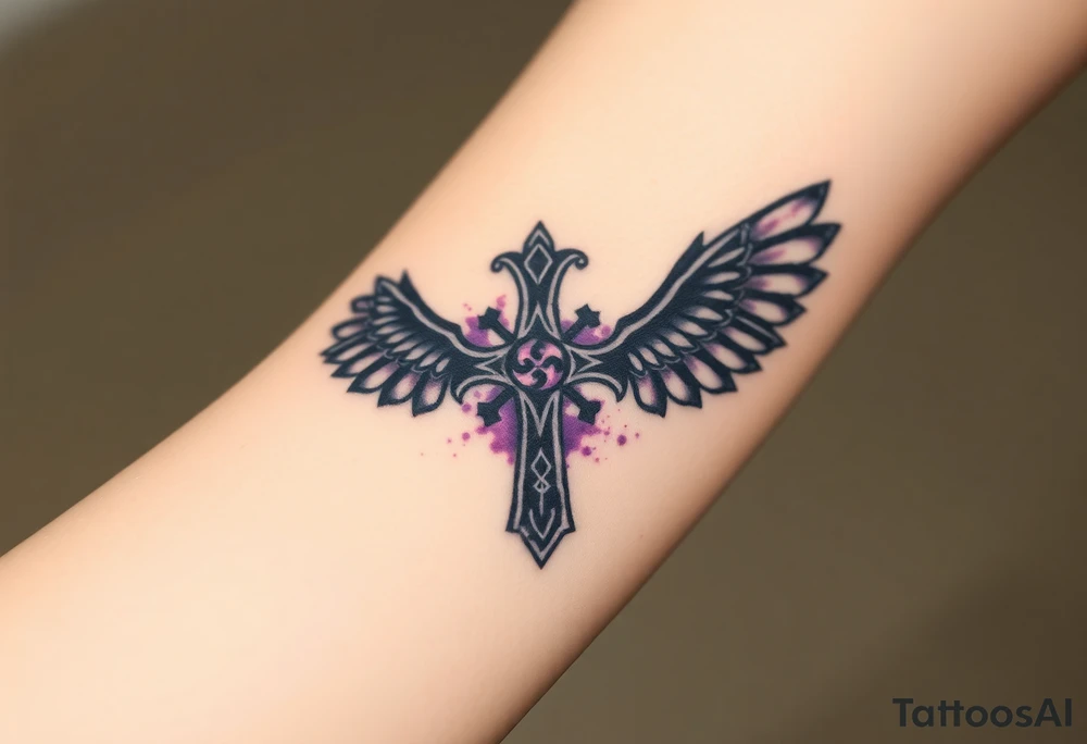 A Viking-style iron cross, with raven wings in black and deep purple tattoo idea