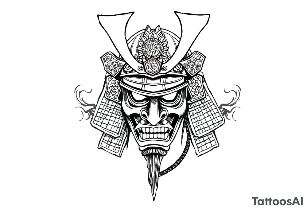 Samurai helmet tattoo design, Japanese traditional style, black ink, detailed armor, ornamental patterns, bold linework, sketch style, centered, forearm tattoo design tattoo idea