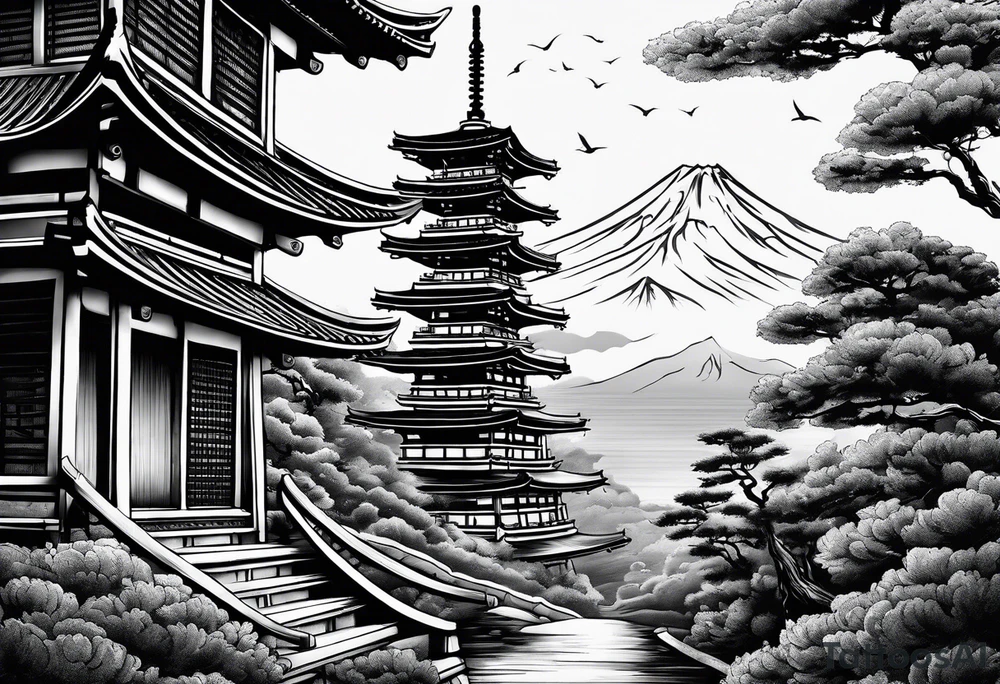 tower with ronin climbing the stairs tattoo idea