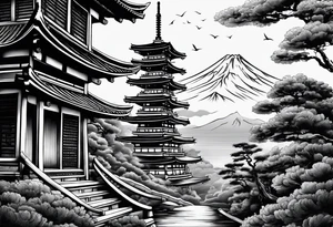 tower with ronin climbing the stairs tattoo idea
