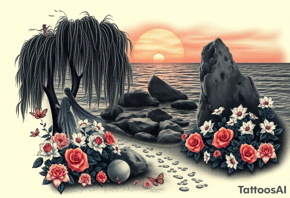 Dark ocean with rocks sunset, weeping willow garden with roses and lilies flower beds. fantasy creatures, fairies, siren, dragonflies, butterflies, cat paw prints path in dirt. tattoo idea