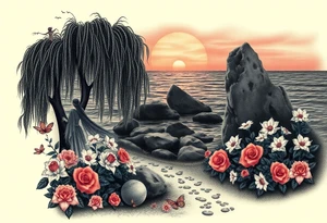 Dark ocean with rocks sunset, weeping willow garden with roses and lilies flower beds. fantasy creatures, fairies, siren, dragonflies, butterflies, cat paw prints path in dirt. tattoo idea