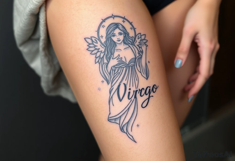A celestial woman with glowing silver robe on her skin with word virgo tattoo idea