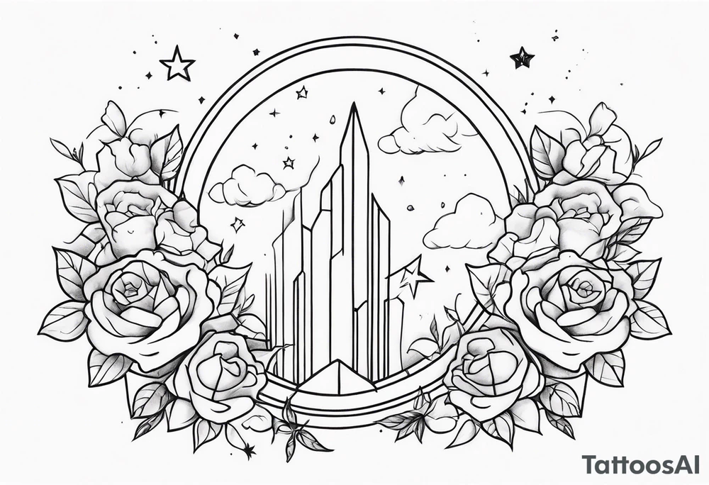 Vertical Clouds with tesseract inside and small roses and stars around it tattoo idea