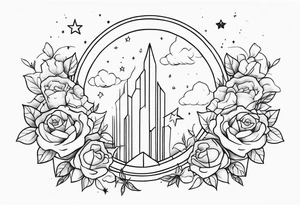 Vertical Clouds with tesseract inside and small roses and stars around it tattoo idea