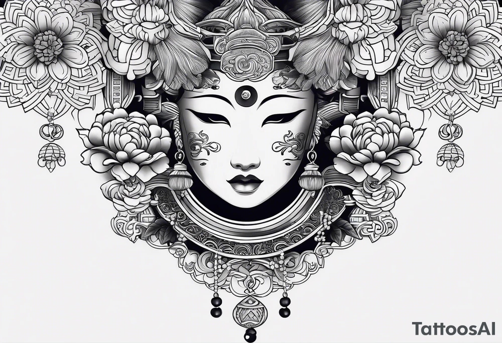 I want to combine japanese and ornamental styles. I want to have a full sleeve tattoo. i want a japanese mask in the top, japanese Chrysanthemum Flower in the bottom and fill the rest with ornamental tattoo tattoo idea