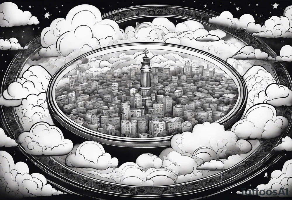 heaven town in circle surrounded by clouds tattoo idea