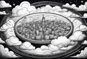 heaven town in circle surrounded by clouds tattoo idea
