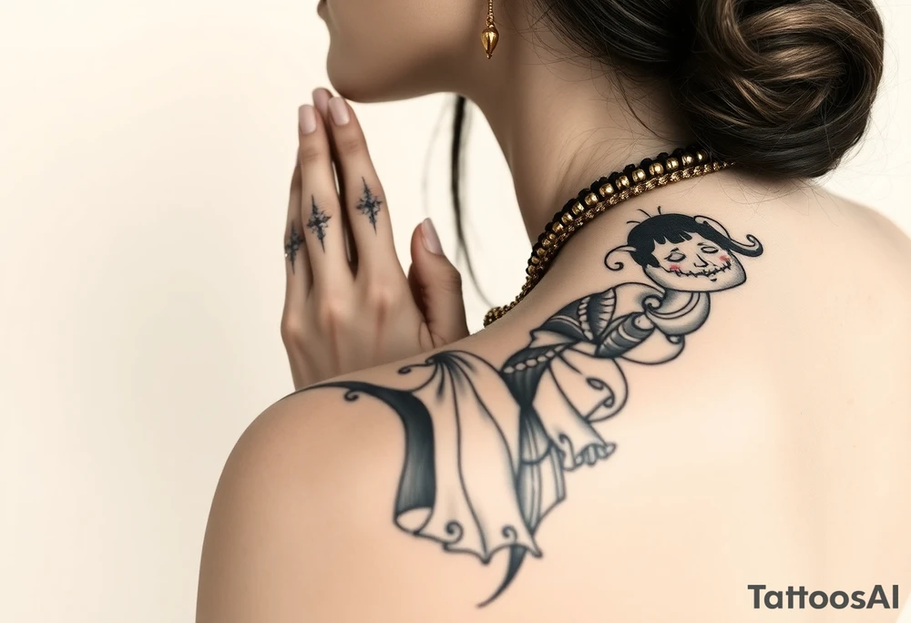 Based on that statue, modify it as if it were praying, with tattoos/damaged statue, with gold necklaces, jewelry, criminal, black and white tattoo style, arm, tattoo idea