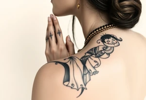 Based on that statue, modify it as if it were praying, with tattoos/damaged statue, with gold necklaces, jewelry, criminal, black and white tattoo style, arm, tattoo idea