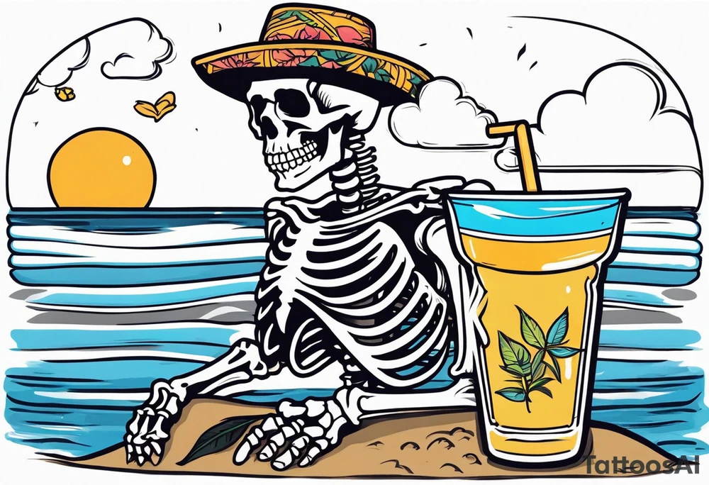 skeleton wearing a button up hawaiian shirt relaxing on the beach with a drink tattoo idea