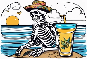 skeleton wearing a button up hawaiian shirt relaxing on the beach with a drink tattoo idea