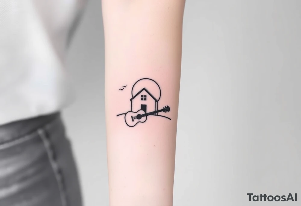 Corwded house distant sun with a guitar tattoo idea