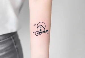 Corwded house distant sun with a guitar tattoo idea