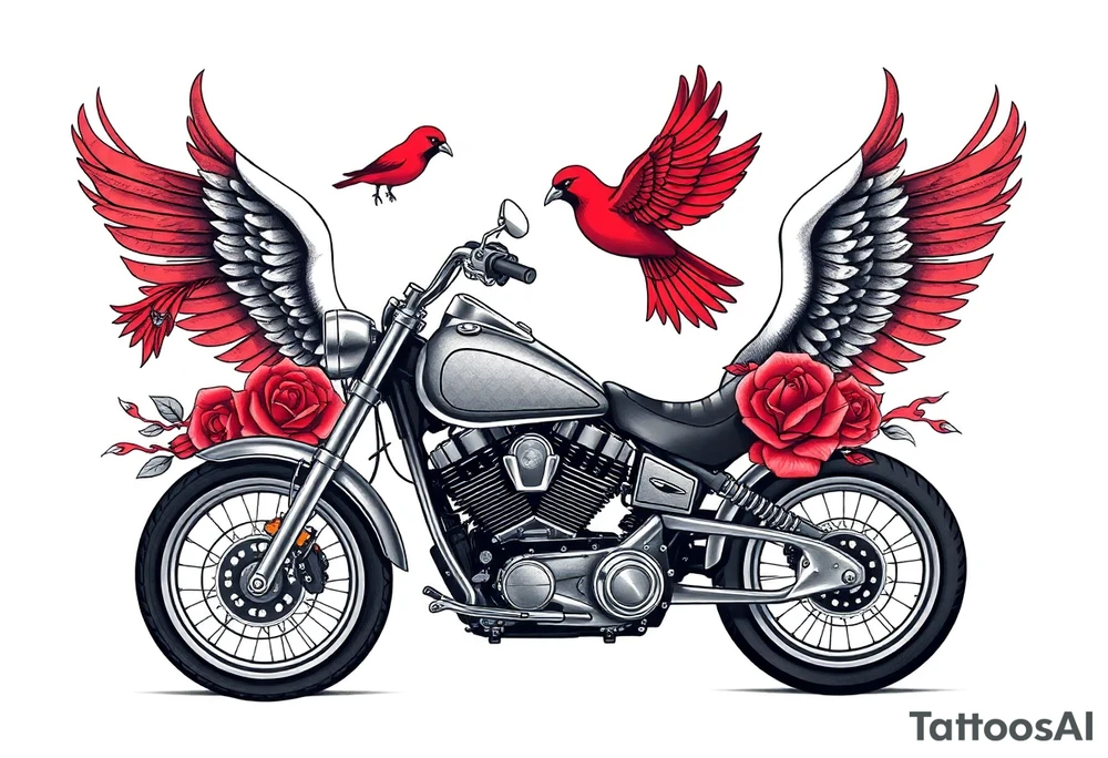 Harley grey motorcycle driving away, two red birds flying, roses, flames, angel wings tattoo idea