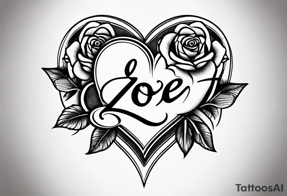 Zoe name written within a heart and rose tattoo idea