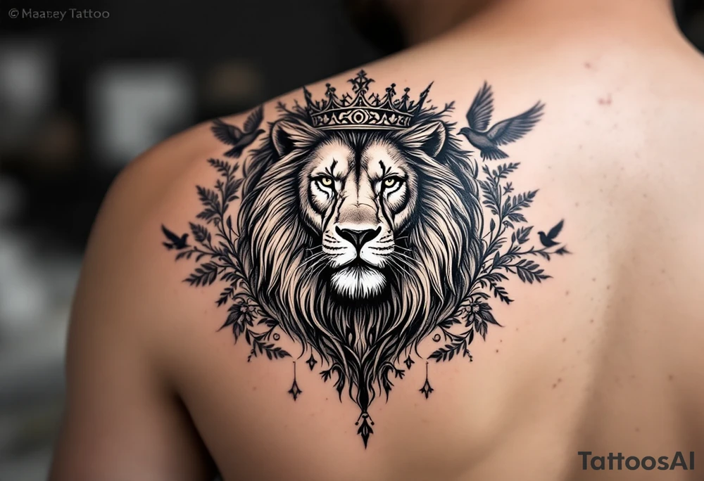 powerful majestic lion with a crown, surrounded by floral ornaments and birds tattoo idea