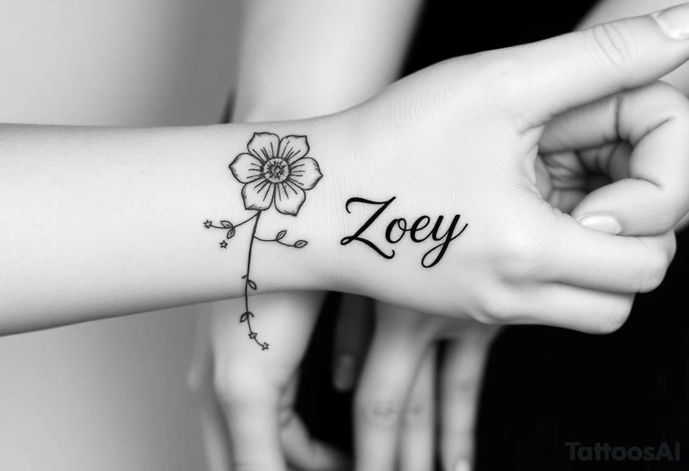 I want it on my wrist. I want a beautiful flower on the inside of my wrist with tendrils down the inside of my arm with little delicate stars or motes and the name Zoey

Why are you showing it on a back? I want it on the inside of my wrist

I want it to be a little smaller. I want the lines to be super fine. I want more organic delicate tendrils. The name Zoey should be about 3" up on the inside of my arm 

I just want the tendrils to look more natural and flowy and graceful.
I do not want stars in it anymore. 
Please show it on the inside of the wrist with the blossom just below the palm and the tendrils curling up the inside of the arm. I want a little more tendrils with some little sparkles very delicate leading to the name
More options. Make it super delicate and graceful. The endrils can have tiny delicate leaves tattoo idea
