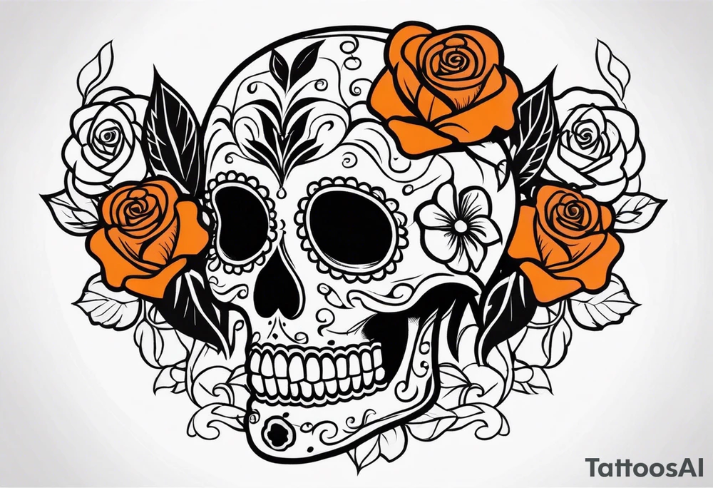 Sugar skull with roses that are orange and black tattoo idea