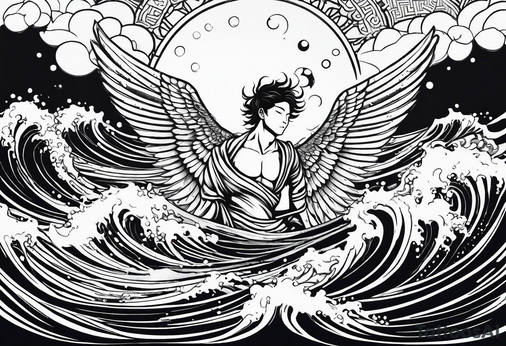 A falling greek men angel in the sea with the sun and all related to an asiatic culture and the anime Tokyo Ghoul tattoo idea