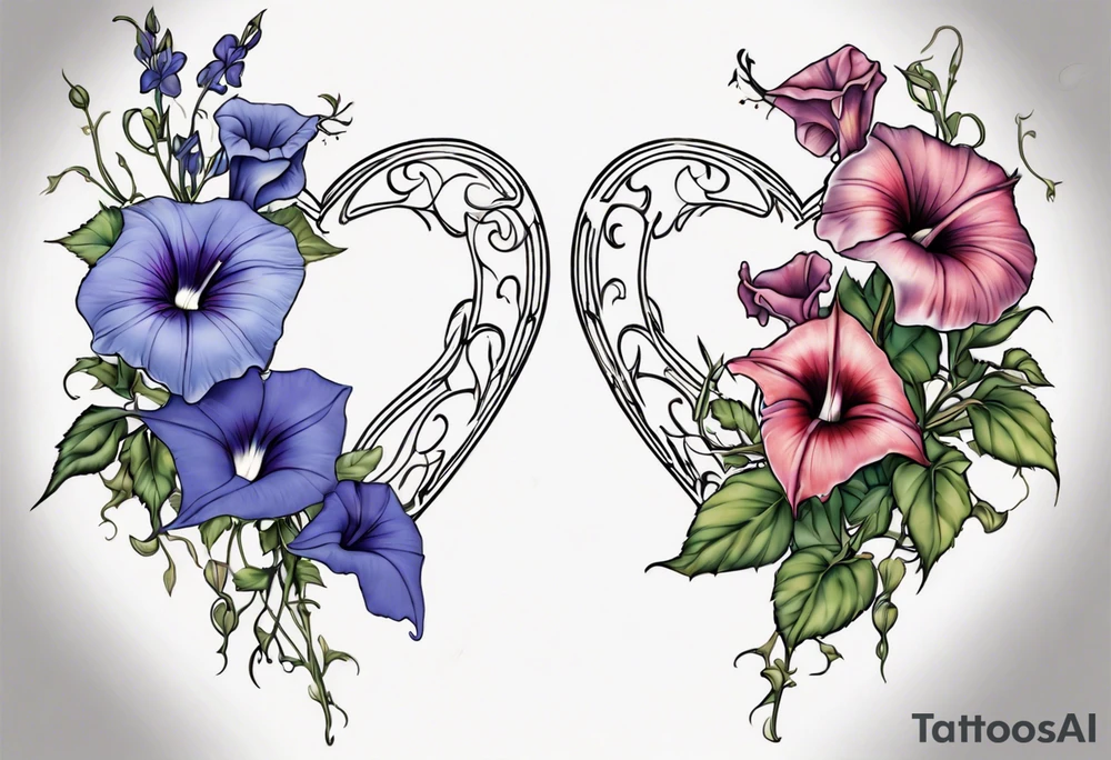 Morning glory and larkspur outlining a heart tattoo idea