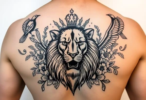 powerful majestic lion with a crown, surrounded by floral ornaments and birds tattoo idea