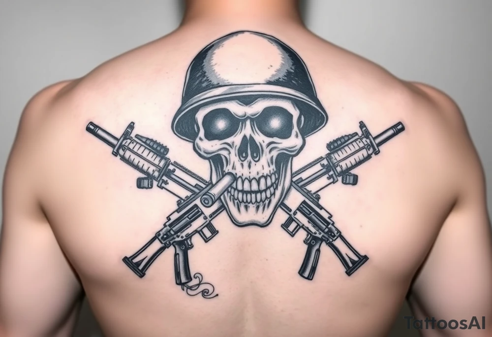 skull with soldier helmet,cigar in his mouth,crossed assault rifles,hand grenade,graveyard,cartridges, tattoo idea