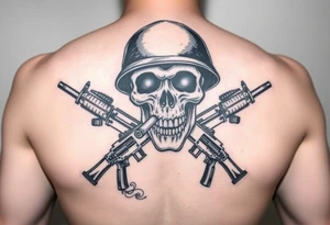 skull with soldier helmet,cigar in his mouth,crossed assault rifles,hand grenade,graveyard,cartridges, tattoo idea
