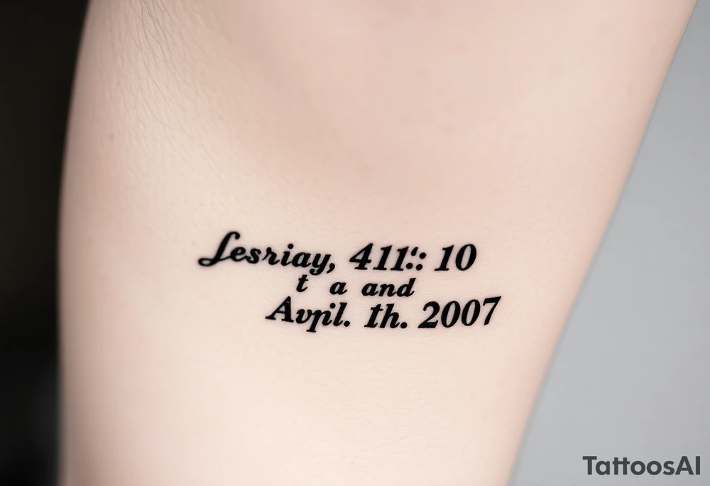 Leg tattoo that has the Bible verse Isaiah 41:10 and has Roman numerals for April 15th 2007 tattoo idea