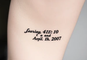 Leg tattoo that has the Bible verse Isaiah 41:10 and has Roman numerals for April 15th 2007 tattoo idea