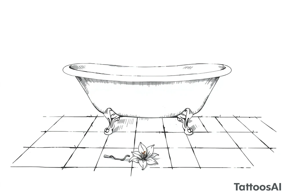 Clawfoot bathtub on tile floor with lily coming up from floor tattoo idea