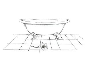 Clawfoot bathtub on tile floor with lily coming up from floor tattoo idea