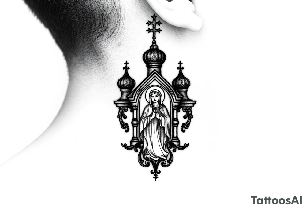 medium traditional russian orthodox church with russian coat arms and virgin mary on the side of your neck tattoo idea