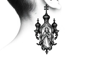 medium traditional russian orthodox church with russian coat arms and virgin mary on the side of your neck tattoo idea