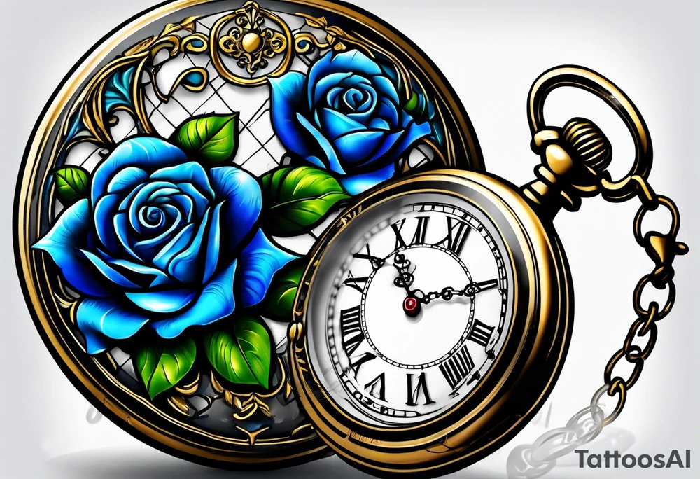 Pocket watch with blue roses tattoo idea