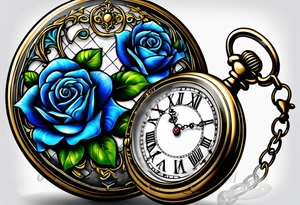 Pocket watch with blue roses tattoo idea