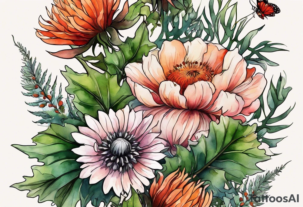 wildflowers with thistles, ferns, white flowers, cream flowers, green flowers, pink flowers, burnt orange flowers, red flowers and all in watercolor tattoo idea