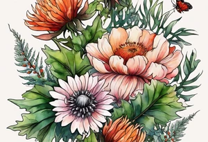 wildflowers with thistles, ferns, white flowers, cream flowers, green flowers, pink flowers, burnt orange flowers, red flowers and all in watercolor tattoo idea