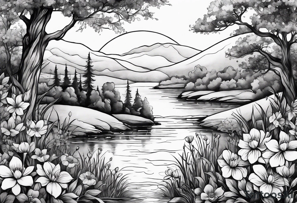 Secret, hidden garden, flowers, lake, daylight moon, more flowers tattoo idea