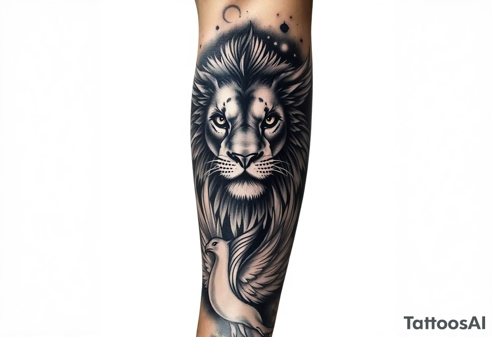 Lion face-on at forearm. phoenix face-on spreading wings evenly and rising from ashes into night sky and Leo zodiac tattoo idea