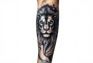 Lion face-on at forearm. phoenix face-on spreading wings evenly and rising from ashes into night sky and Leo zodiac tattoo idea