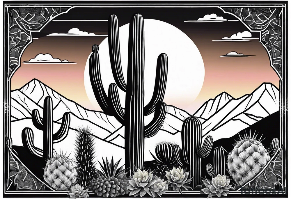 Forearm vertical, cactus, sunset, mountain tattoo idea