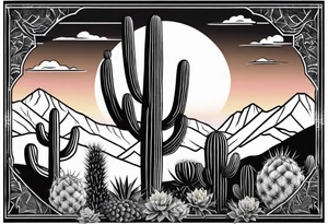 Forearm vertical, cactus, sunset, mountain tattoo idea