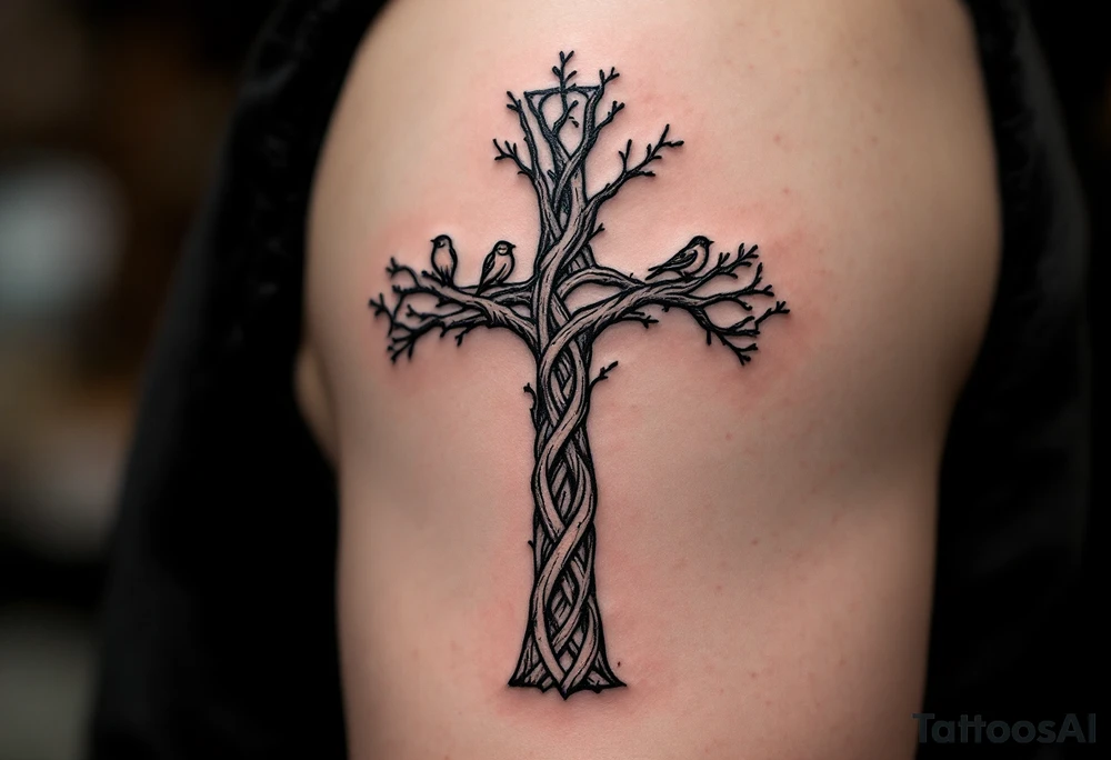 A forest-inspired Celtic cross made of intertwining tree branches, with small birds perched along its arms. tattoo idea