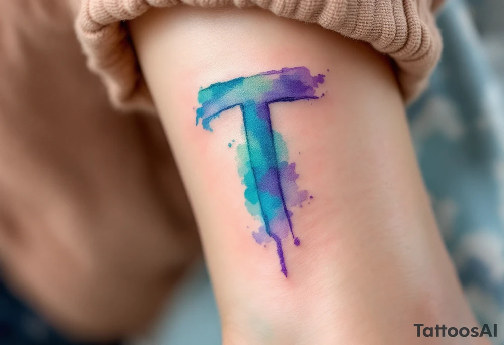 A watercolor-style "T" in shades of turquoise and purple, blending like paint strokes. tattoo idea