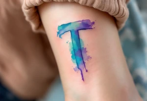 A watercolor-style "T" in shades of turquoise and purple, blending like paint strokes. tattoo idea