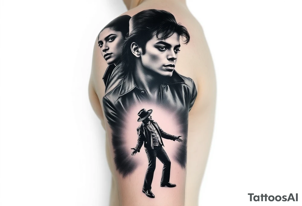 A detailed realism tattoo design for an upper arm sleeve, featuring a collage of Michael Jackson throughout his career. Top features a Thriller-era portrait, middle shows a Dangerous-era portrait with detailed leather jacket textures, and the bottom fades into his iconic silhouette dancing in a spotlight with his fedora hat and glove. Masterpiece, high-contrast black and grey tattoo flash, cinematic lighting, photorealistic, tattoo idea