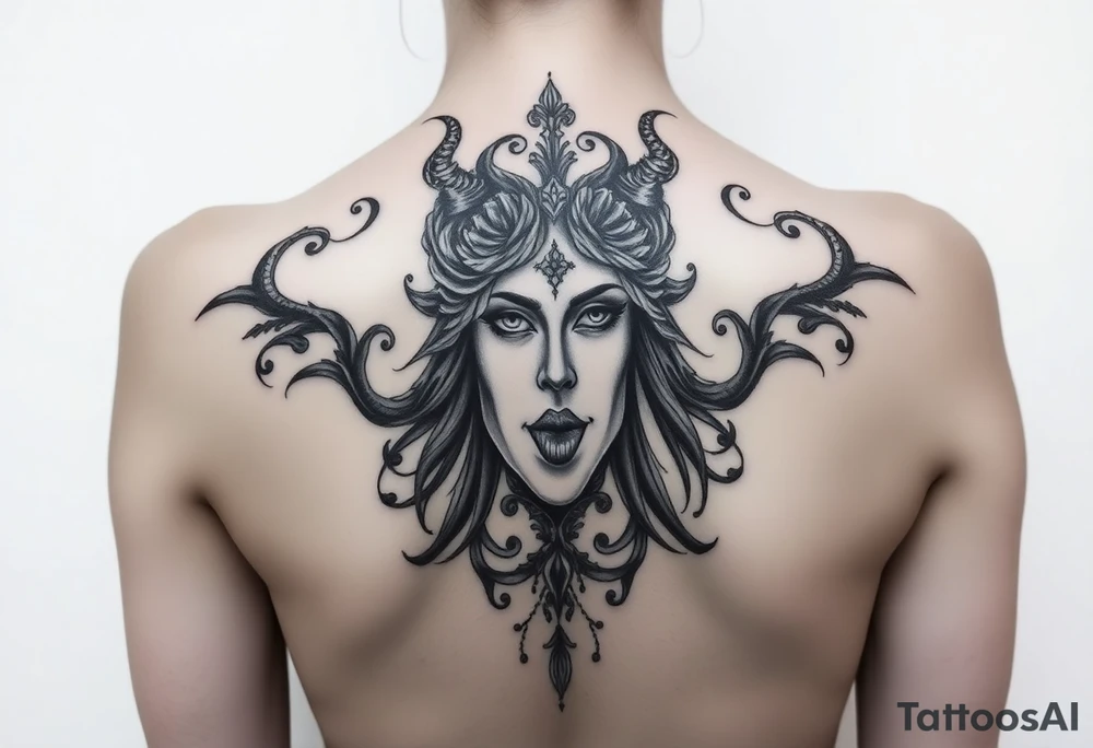 Half hades face and half persephone face middle pf the chest going all the way to both shoulders with background related tattoo idea