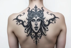 Half hades face and half persephone face middle pf the chest going all the way to both shoulders with background related tattoo idea