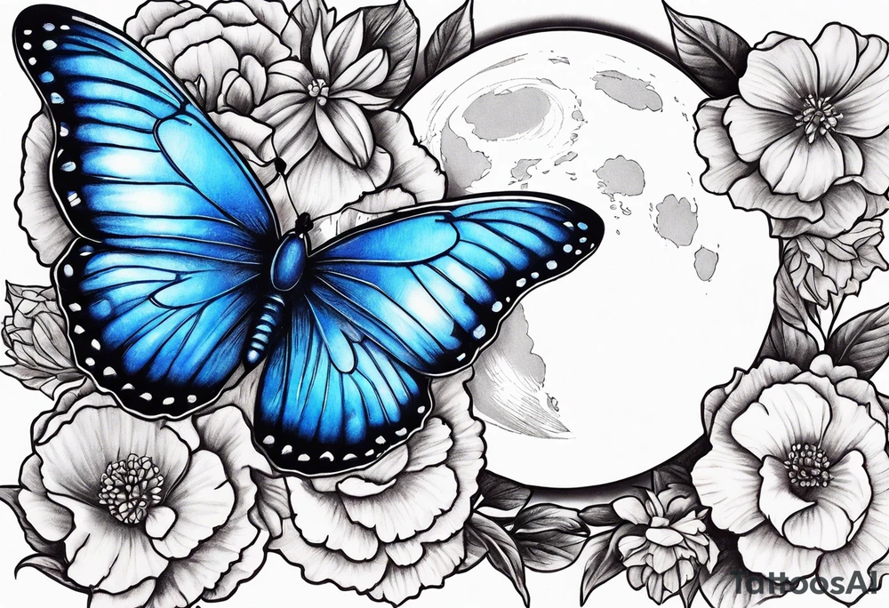 Blue butterfly moon carnation tattoo idea